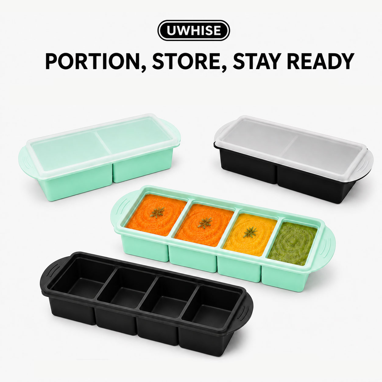 Meal Prep Template - Uwhiseシリコン製スープ冷凍トレイ、蓋付きベビーフード保存容器、2/4コンパートメント、大型アイスキューブ型、キッチンミールプレップ用