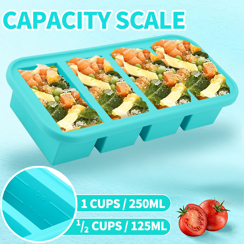 Meal Prep Template - 4個のシリコン製冷凍庫型 - 強化スチールエッジ付きスープキューブ - 残り物、スープ、ソース、キャセロール、食事の準備用