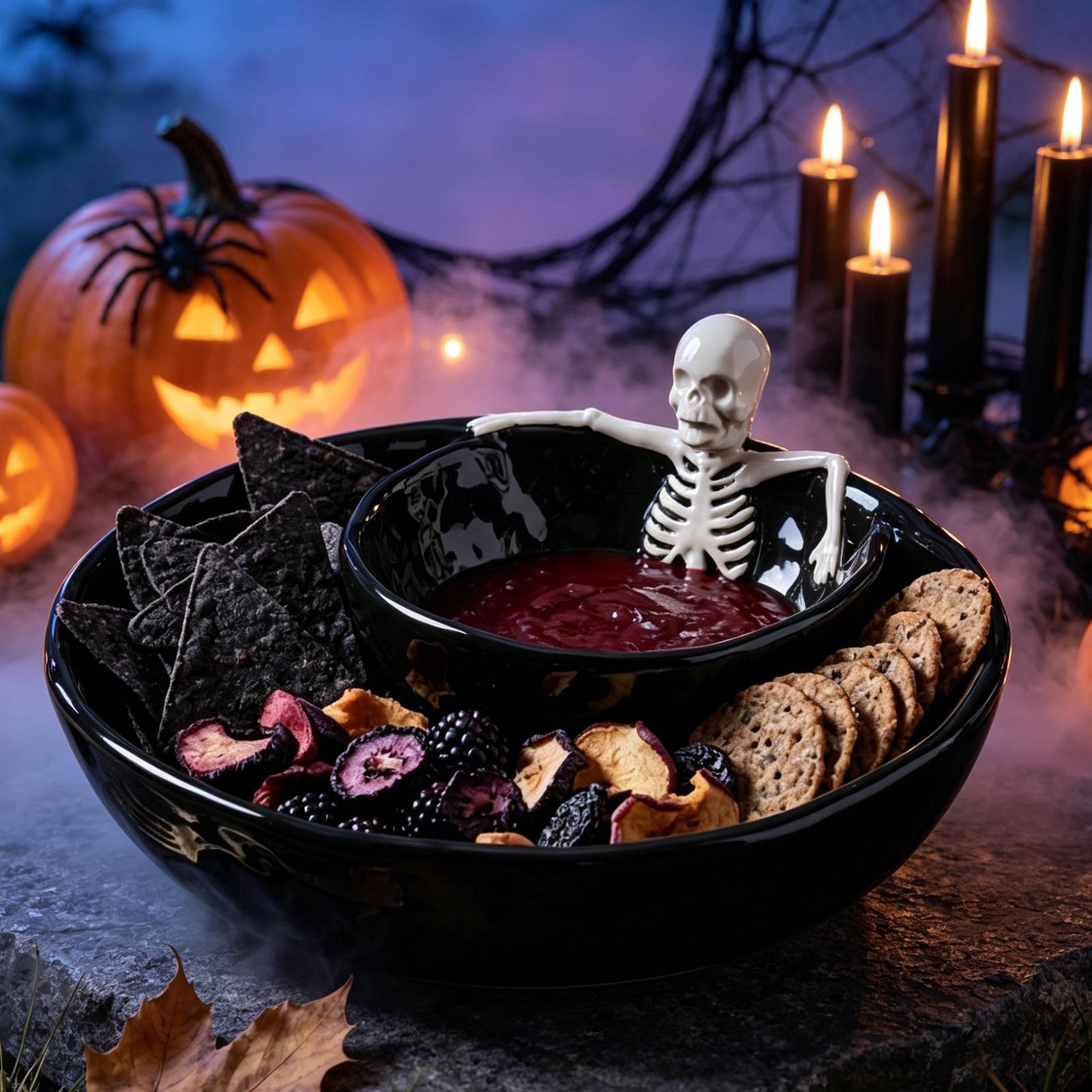 Meal Prep Bowl - ハロウィン用二重構造セラミック製スカルディップボウル、ゴシック調8.5インチ前菜用サービング皿、ワカモレ、スナック、キャンディの装飾に