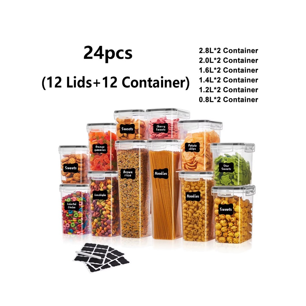 Meal Prep With Rice - 24個入り、密閉式の食品保存容器（蓋付き）。気密性があり、BPAフリー。重ねて収納できるので、シリアル、パスタ、米、お菓子などを整理するのに便利。黒板風のラベルが付いており、12個の容器と12個の蓋のセット。漏れ防止設計で、透明なプラスチック製。パントリーでの食品の準備や、ランチボックス、乾燥食品の保存に最適。