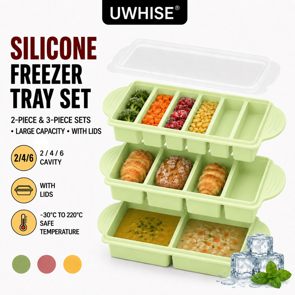 Uwhise 2/3個セット シリコン製冷凍トレイ 蓋付き  - Meal Prep Template のレビューと価格