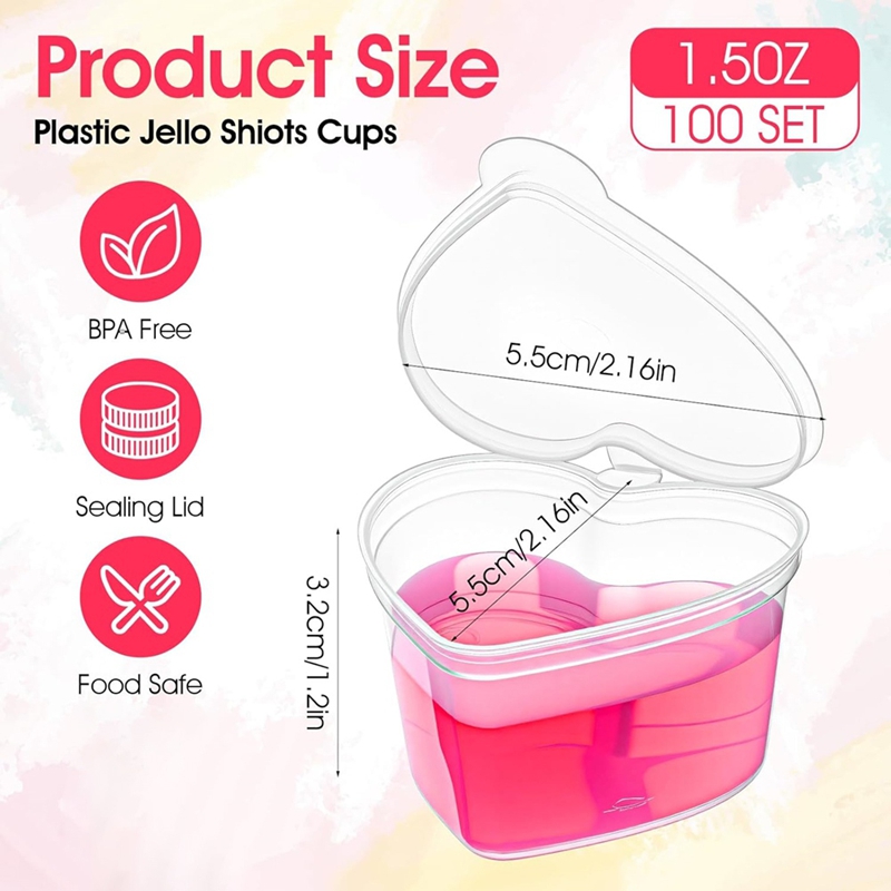 100セット 1.5オンス クリアハート型ゼリーカップ 蓋付 - Sauce Dipping Cup のレビューと価格