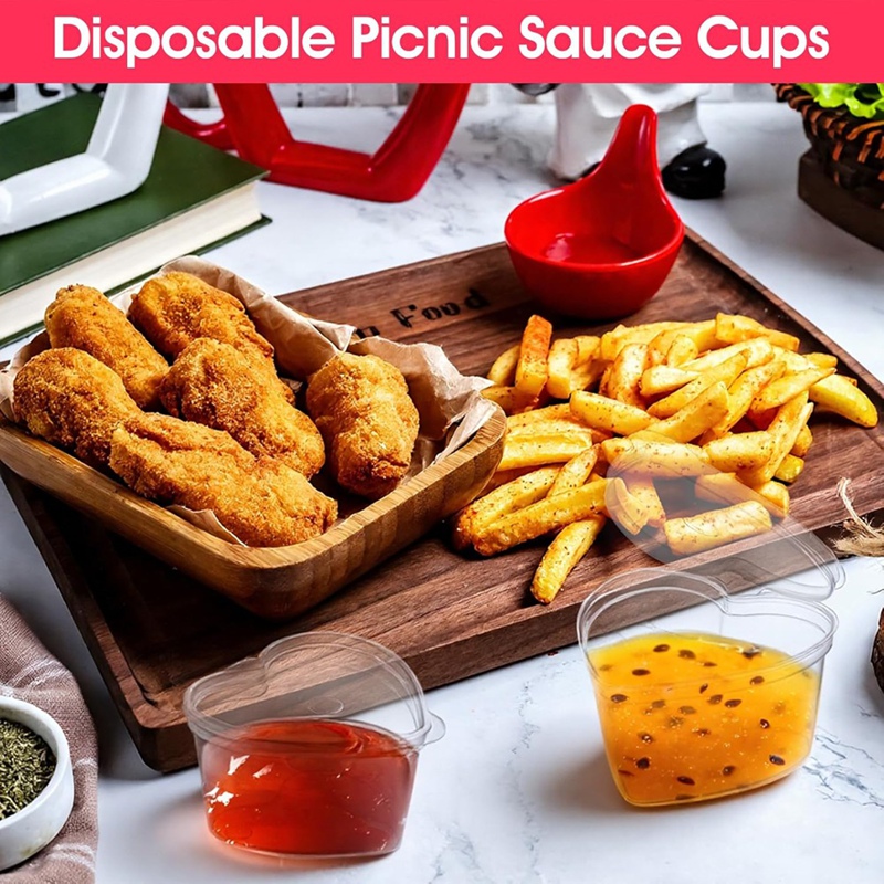 100セット 1.5オンス クリアハート型ゼリーカップ 蓋付 - Sauce Dipping Cup のレビューと価格